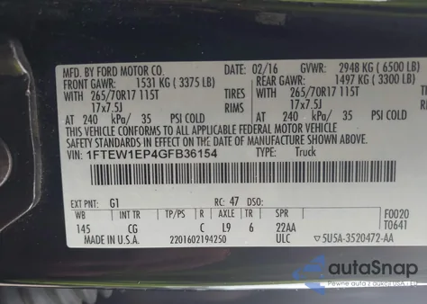 2016 Ford F-150 Xl z USA, uszkodzony, nr VIN 1FTEW1EP4GFB36154